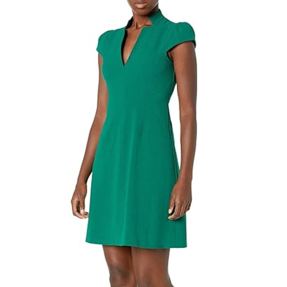VINCE CAMUTO Fit-and-Flare with Notch Neck Topstitch Sheath Dress